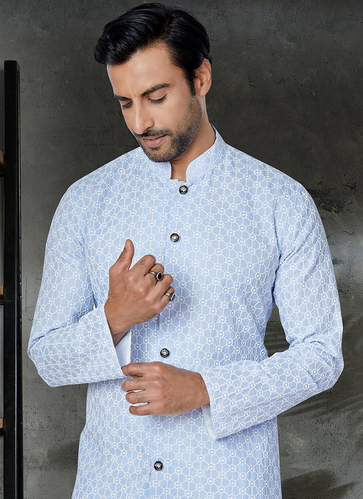 Sku Blue Cotton Festival Wear Embroidery Work Kurta Pajama