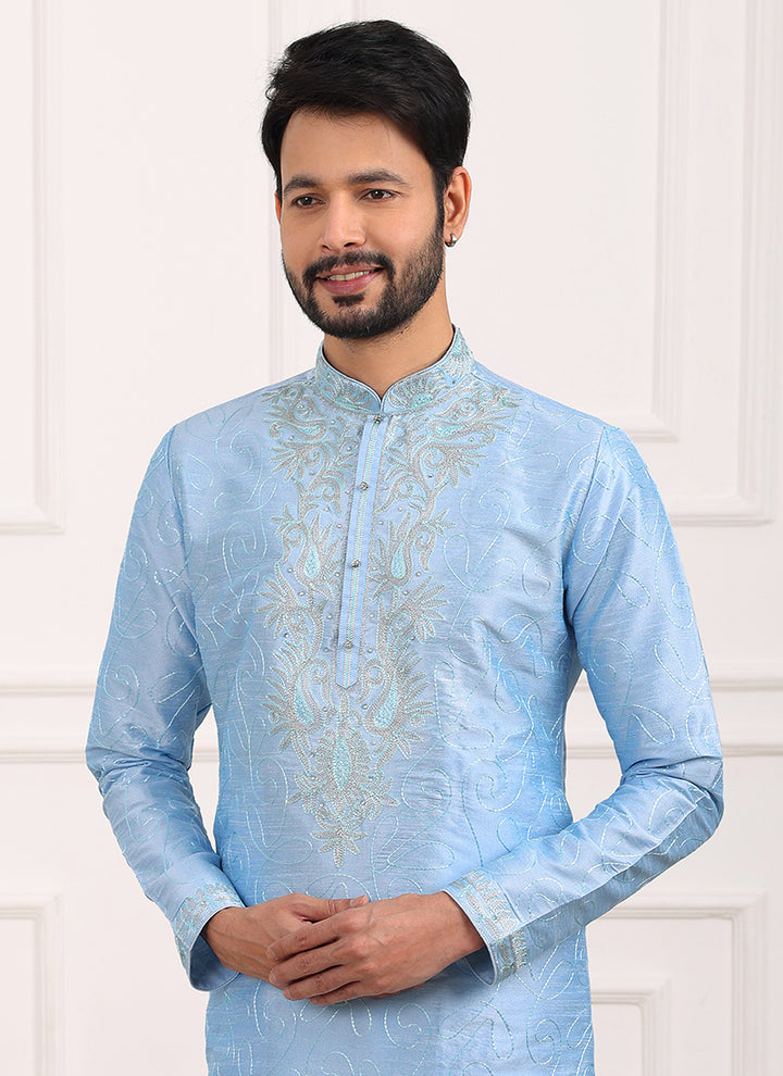 Sky Blue Art Banarasi Silk Festival Wear Thread Work Kurta Pajama