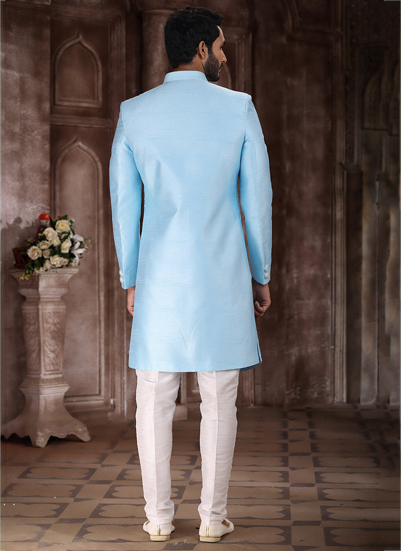Sky Blue Art Silk Wedding Wear Embroidery Work Sherwani