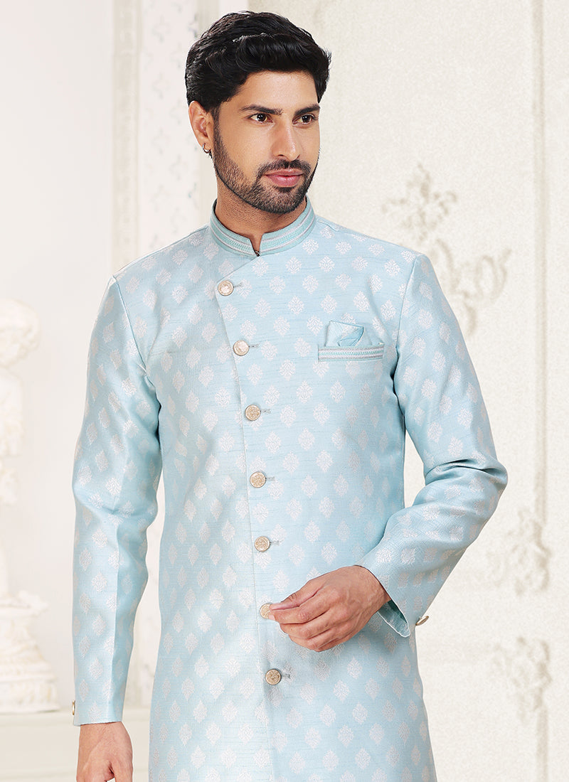 Sky Blue Banarasi Jacquard Festival Wear Weaving Indo Western