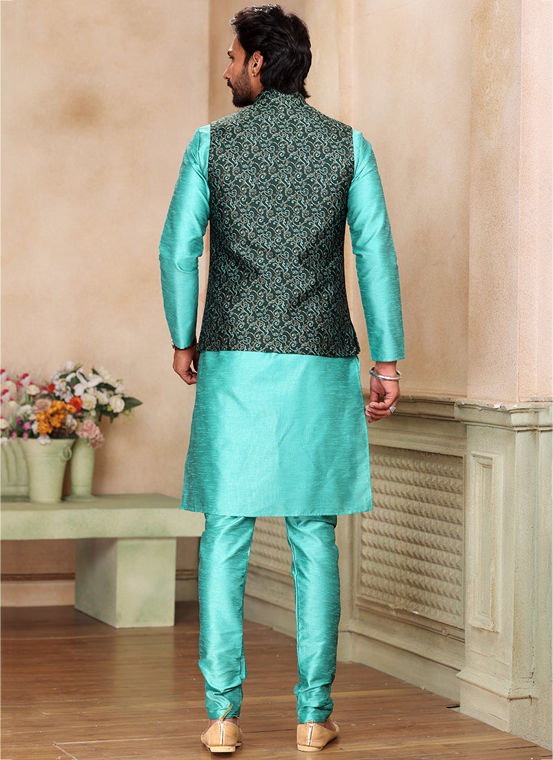 Sky Blue Banarasi Silk Traditional Wear Weaving Kurta Pajama With Jacket