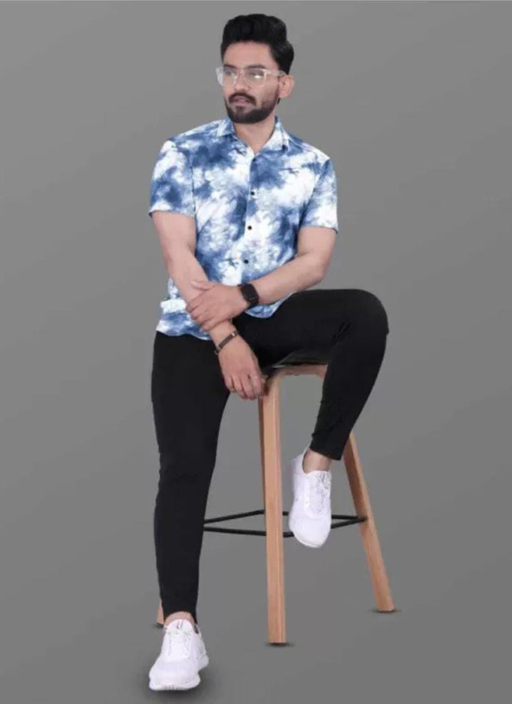 Cotton Lycra Sky Blue Casual Wear Printed Mens Shirt