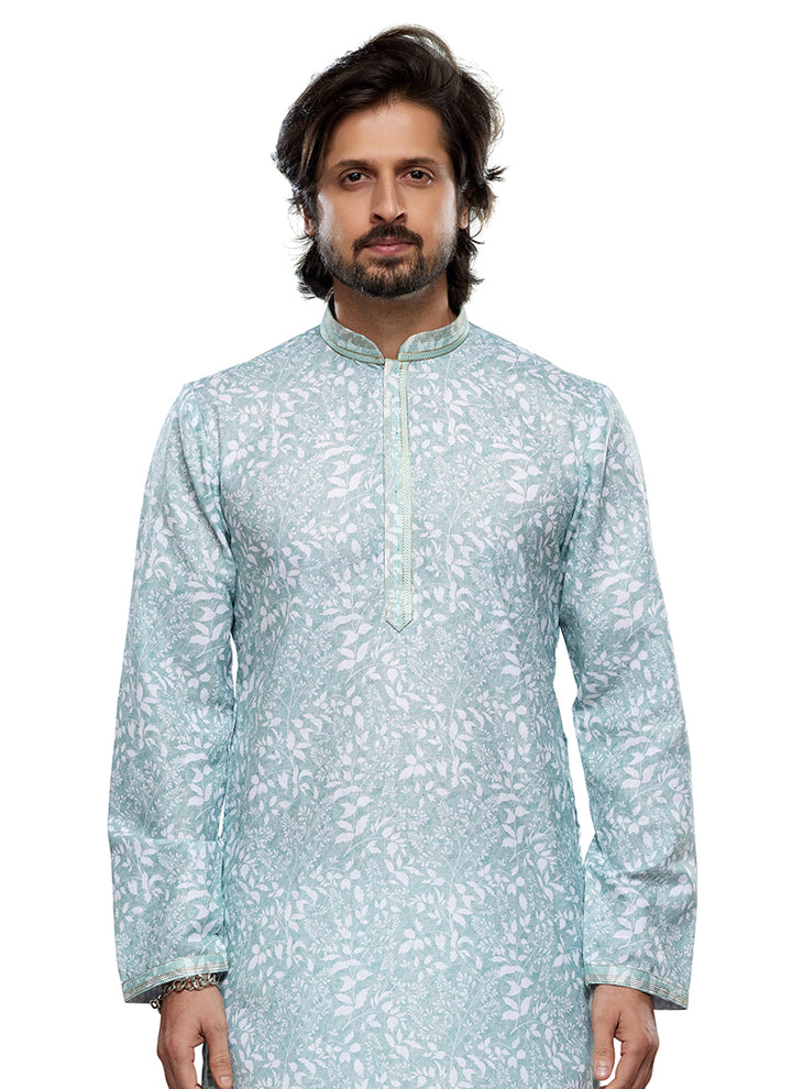 Sky Blue Cotton Party Wear Thread Work Readymade Mens Kurta Pajama