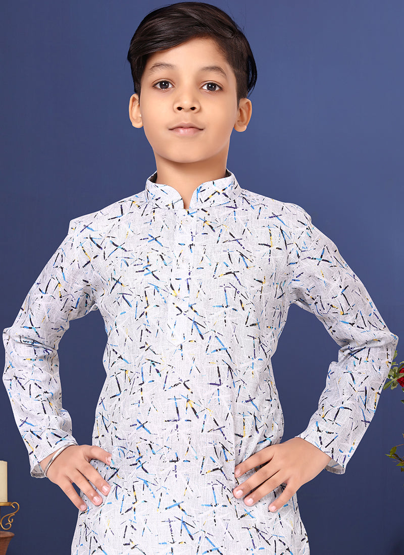 Cotton Sky Blue Wedding Wear Digital Printed Readymade Kurta Pajama