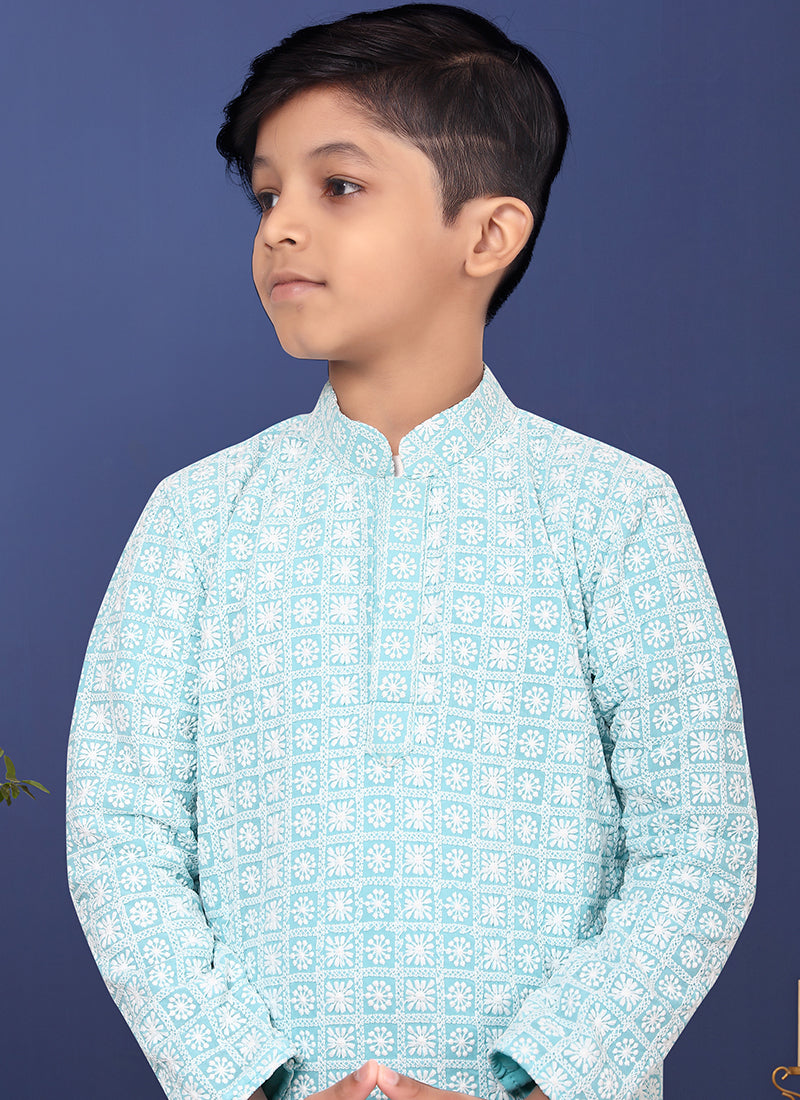 Georgette Sky Blue Wedding Wear Weaving Readymade Kurta Pajama