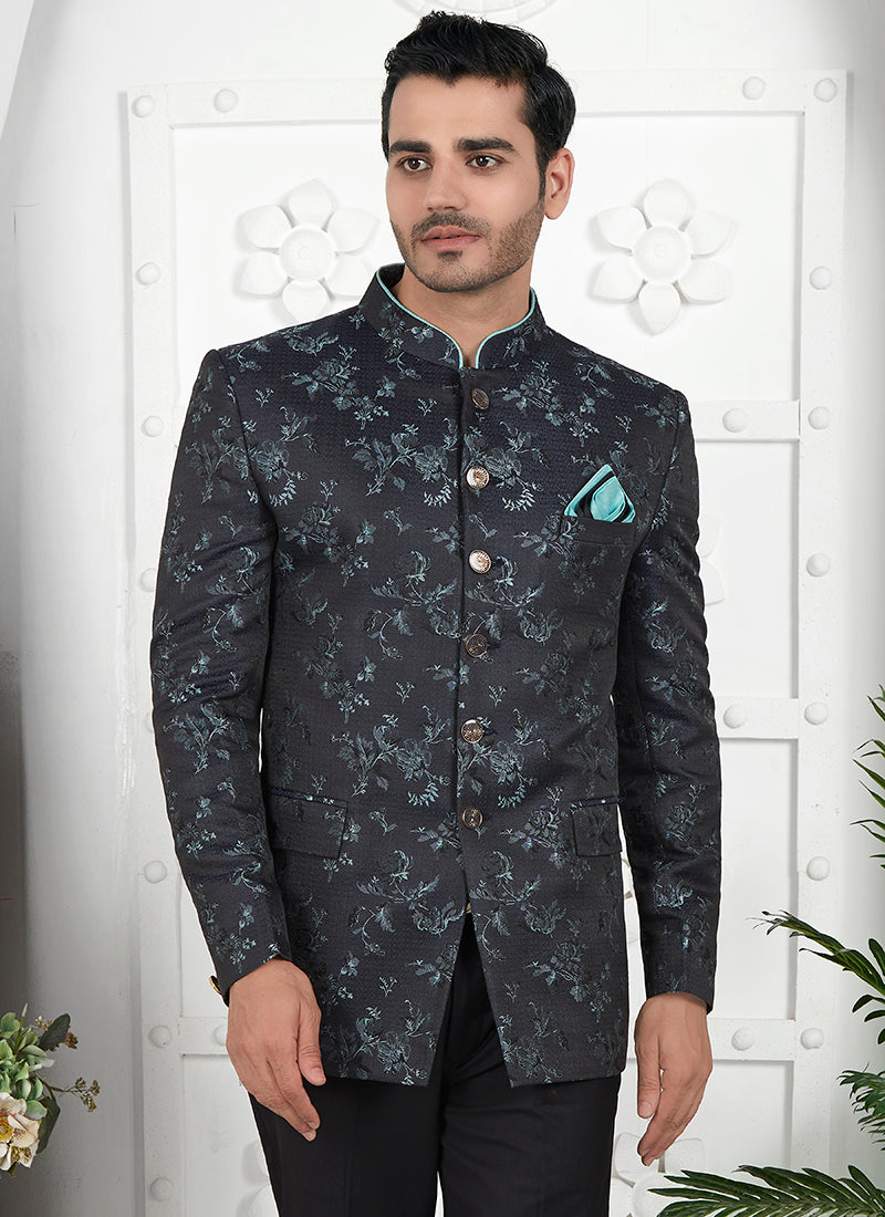 Sky Blue Imported Jaquard Silk Party Wear Pattern Pc Work Readymade Mens Jacket