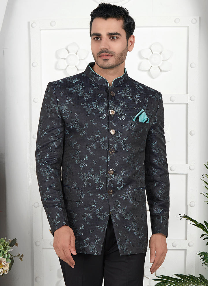 Sky Blue Imported Jaquard Silk Party Wear Pattern Pc Work Readymade Mens Jacket