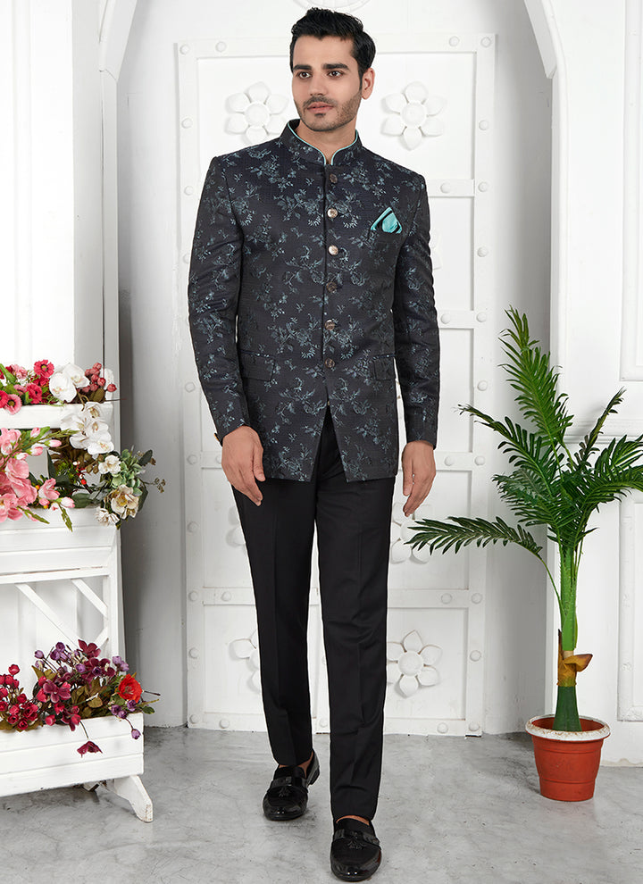 Sky Blue Imported Jaquard Silk Party Wear Pattern Pc Work Readymade Mens Jacket