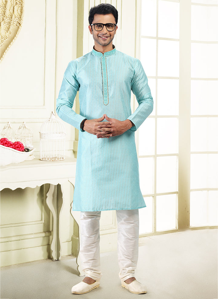 Sky Blue Jacquard Art Silk Festival Wear Thread Work Kurta Pajama