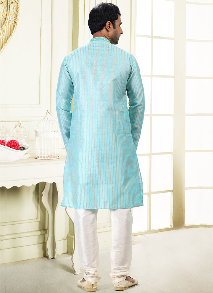 Sky Blue Jacquard Art Silk Festival Wear Thread Work Kurta Pajama