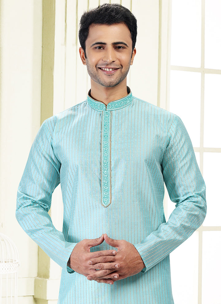 Sky Blue Jacquard Art Silk Festival Wear Thread Work Kurta Pajama