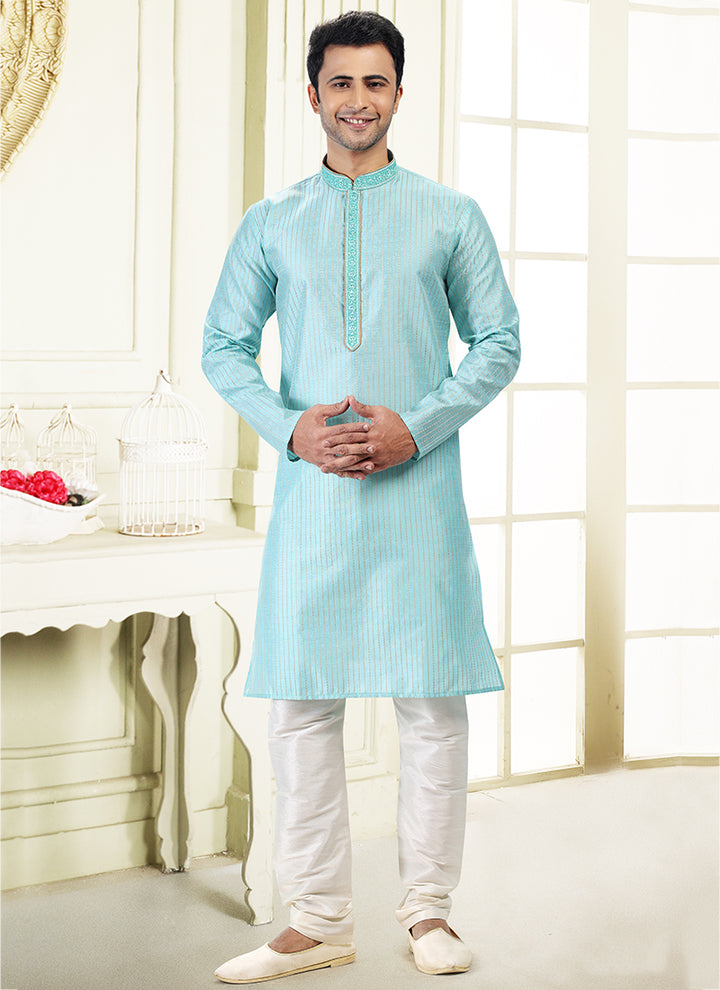 Sky Blue Jacquard Art Silk Festival Wear Thread Work Kurta Pajama