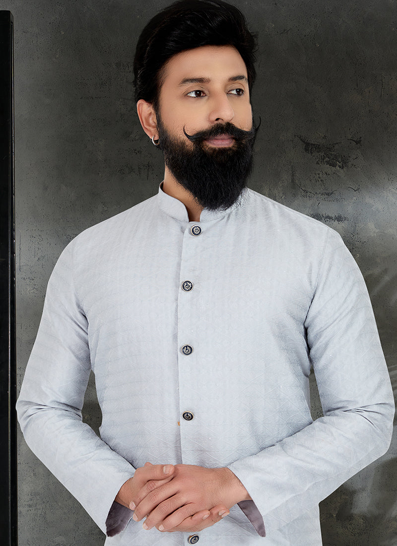 Sky Blue Jacquard Festival Wear Embroidery Work Kurta Pajama