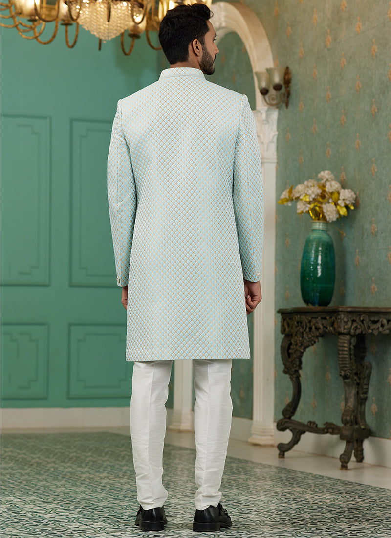 Sky Blue Jacquard Silk Wedding Wear Hand Work IndoWestern