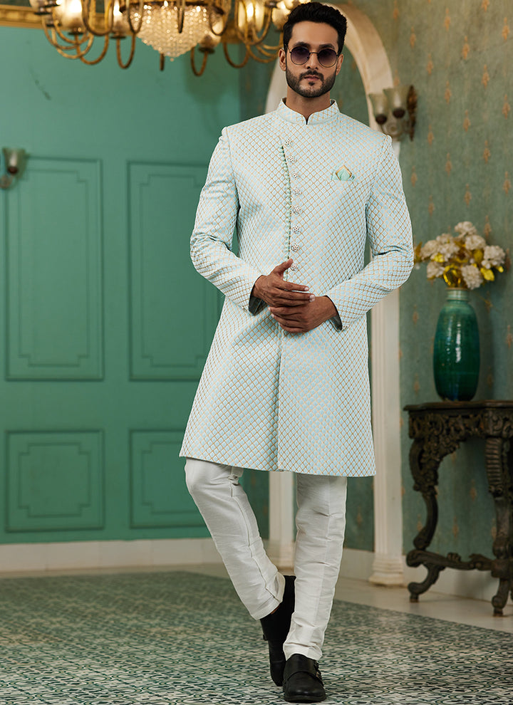 Sky Blue Jacquard Silk Wedding Wear Hand Work IndoWestern