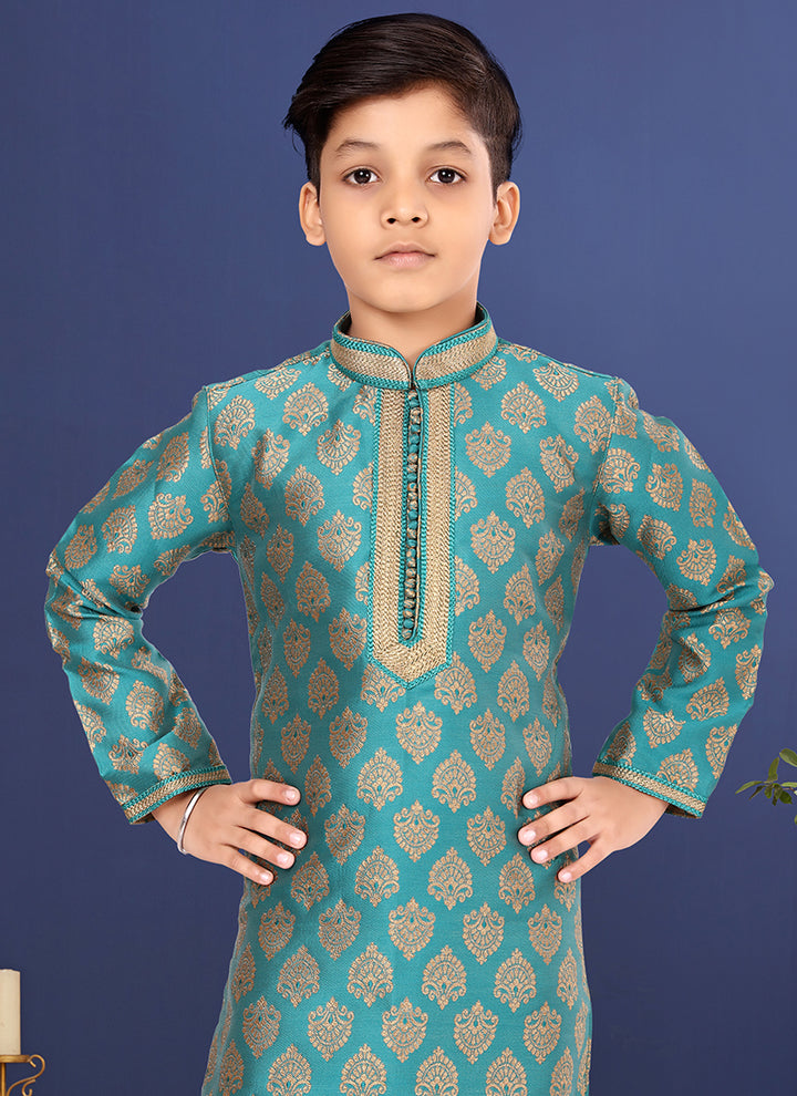 Jacquard Silk Sky Blue Wedding Wear Weaving Readymade Kurta Pajama