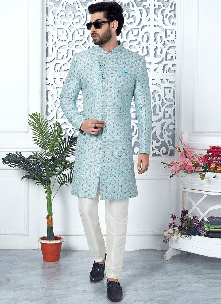 Sky Blue Jaquard Silk Party Wear Pattern Pc Work Readymade Mens Indo Western