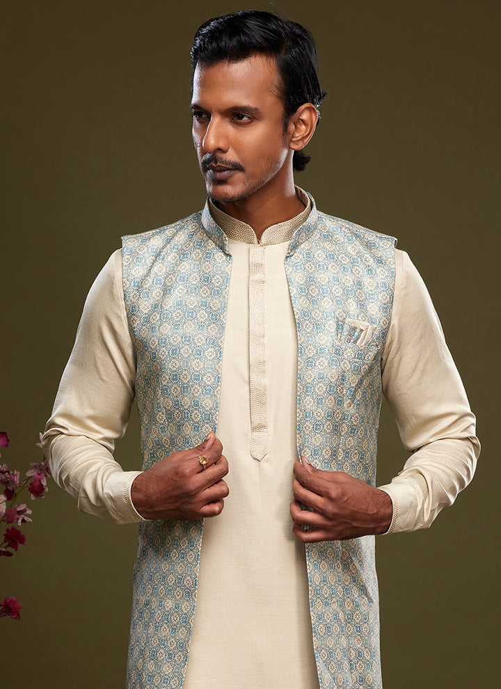 Sky blue Art Banarasi Silk Festival Wear Digital Printed Kurta Pajama With Jacket