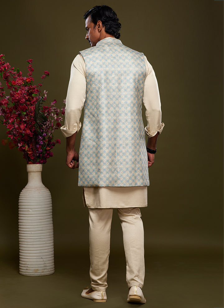 Sky blue Art Banarasi Silk Festival Wear Digital Printed Kurta Pajama With Jacket