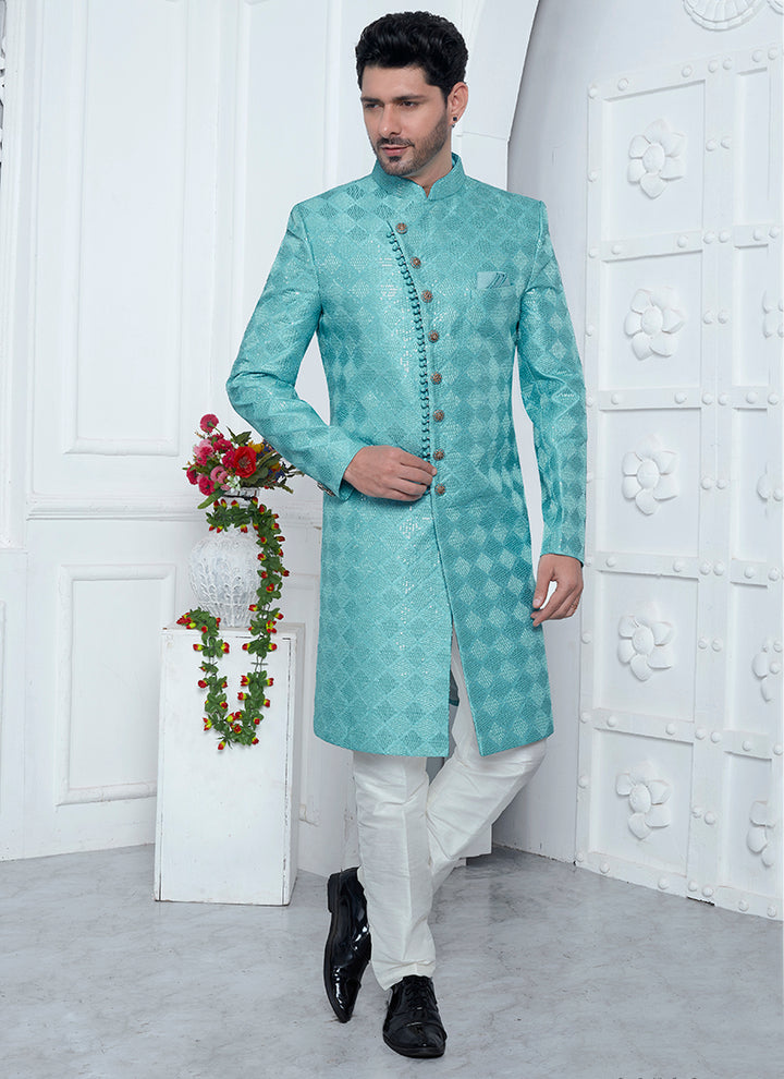Art Silk Sky Blue Wedding Wear Computer Thread Work Mens Sherwani
