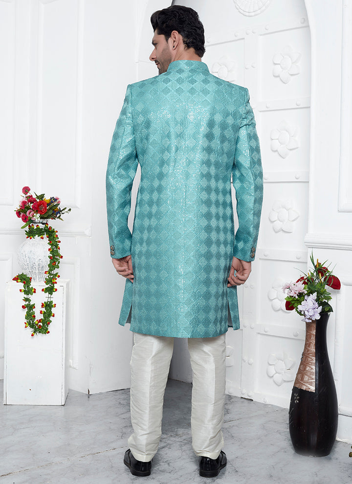 Art Silk Sky Blue Wedding Wear Computer Thread Work Mens Sherwani