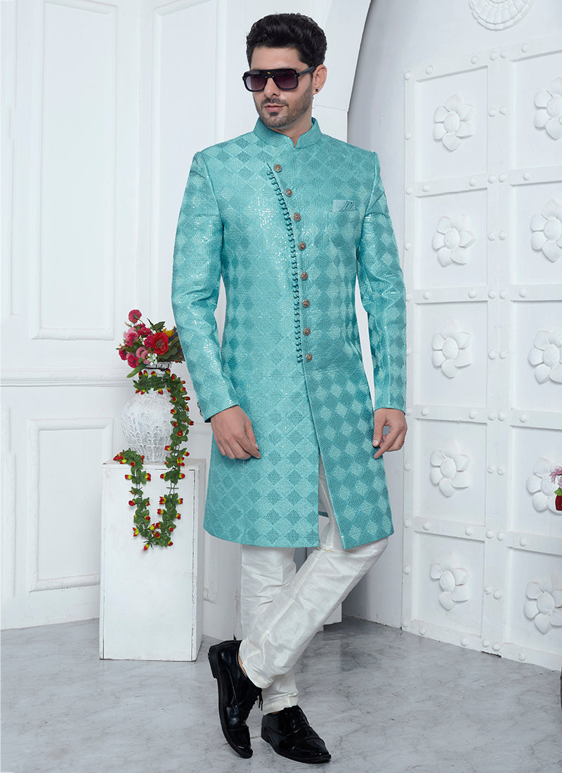 Art Silk Sky Blue Wedding Wear Computer Thread Work Mens Sherwani