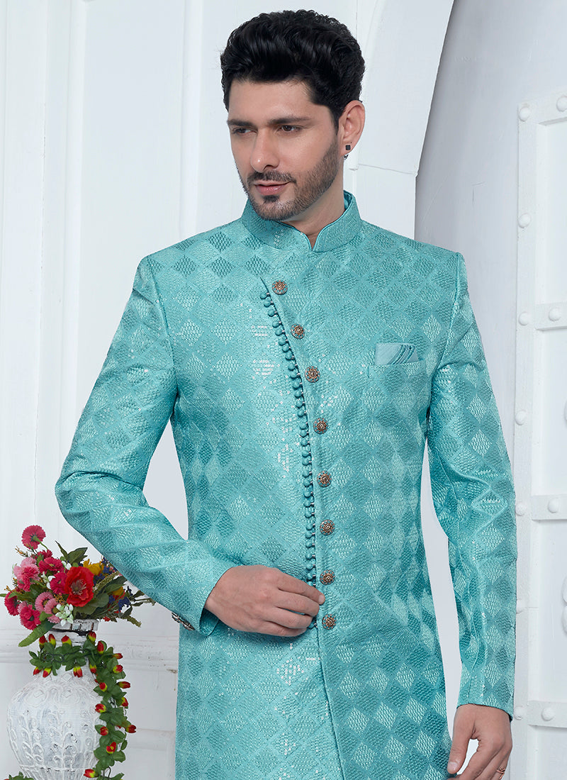 Art Silk Sky Blue Wedding Wear Computer Thread Work Mens Sherwani