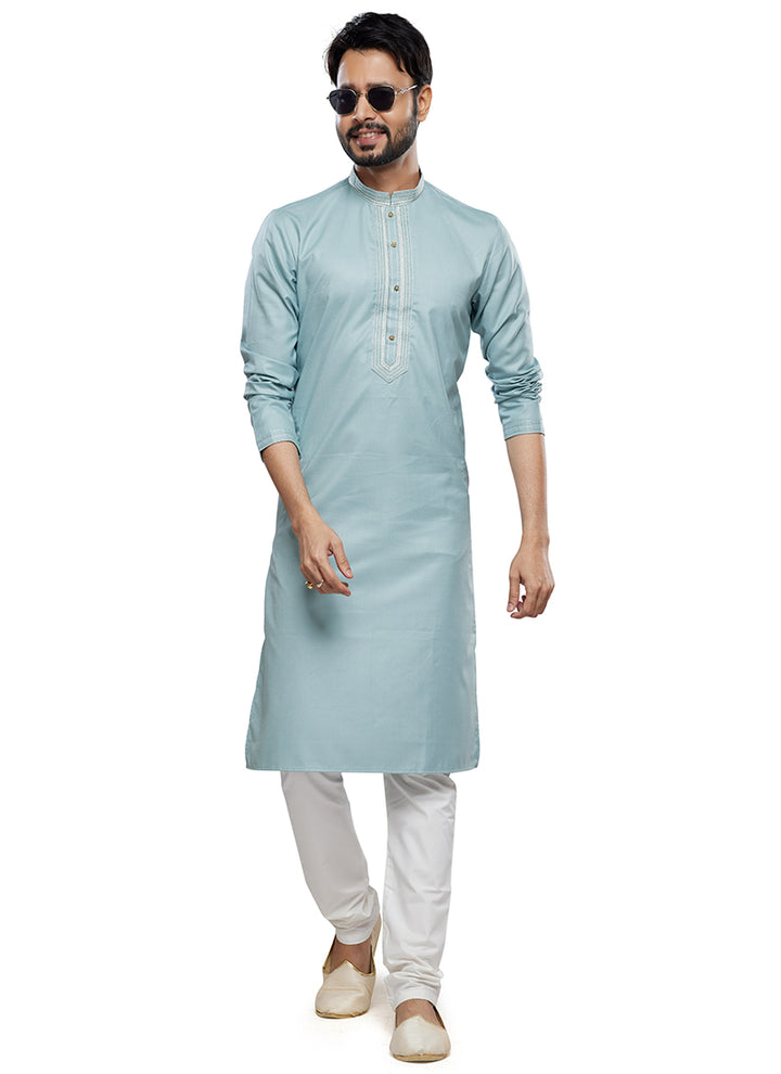 Sky Blue Art Silk Party Wear Thread Work Readymade Mens Kurta Pajama