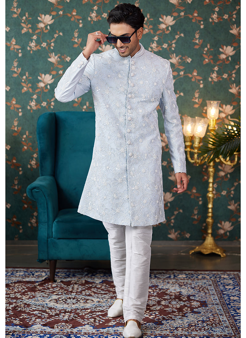 Art Silk Sky Blue Groom Wear Thread Work Readymade Sherwani