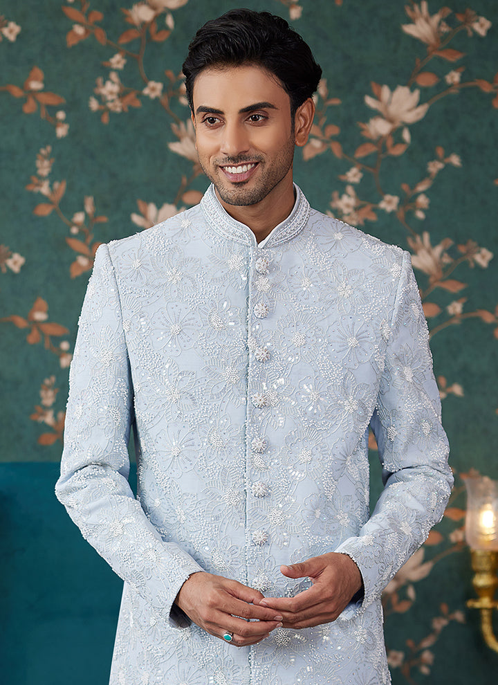 Art Silk Sky Blue Groom Wear Thread Work Readymade Sherwani