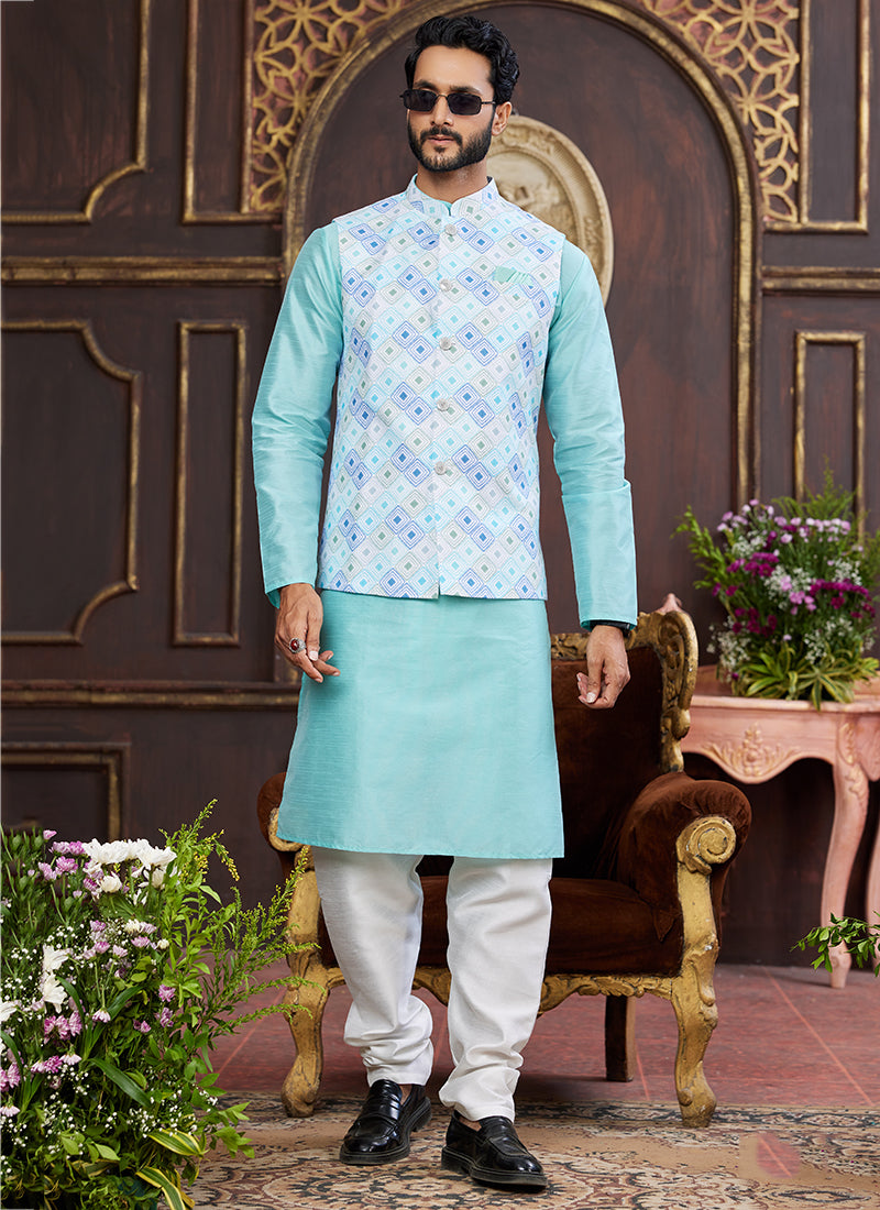 Banarasi Silk Sky Blue Wedding Wear Digital Print Radymade Modi Jacket Kurta Pajama