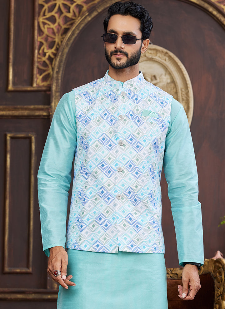 Banarasi Silk Sky Blue Wedding Wear Digital Print Radymade Modi Jacket Kurta Pajama