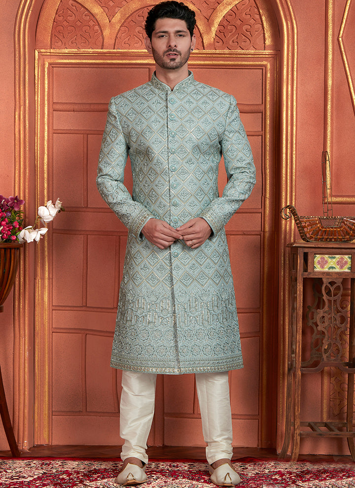 Dhupion Art Silk Sky Blue Wedding Wear Thread Work Readymade Sherwani