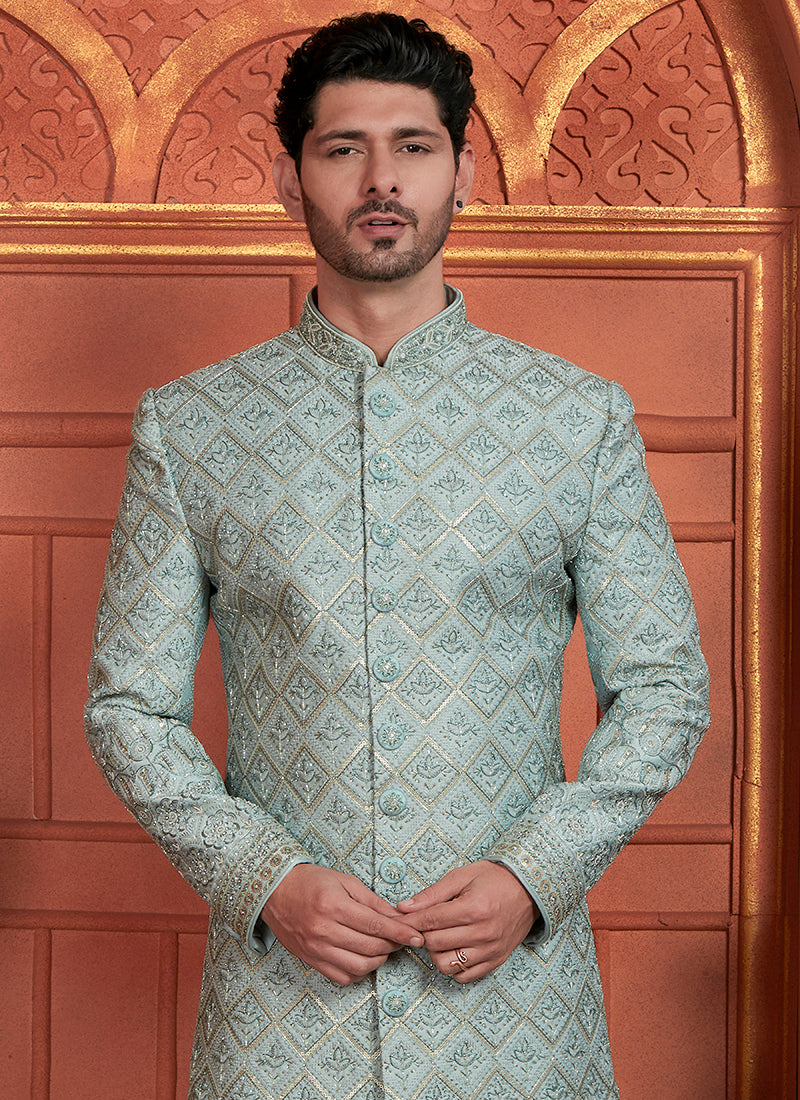 Dhupion Art Silk Sky Blue Wedding Wear Thread Work Readymade Sherwani