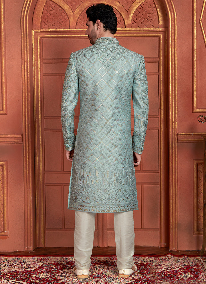 Dhupion Art Silk Sky Blue Wedding Wear Thread Work Readymade Sherwani