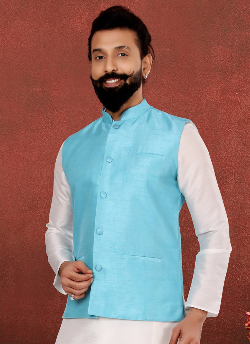 Dhupion Silk Sky Blue Festival Wear Embroidery Work Readymade Men's Waist Coat