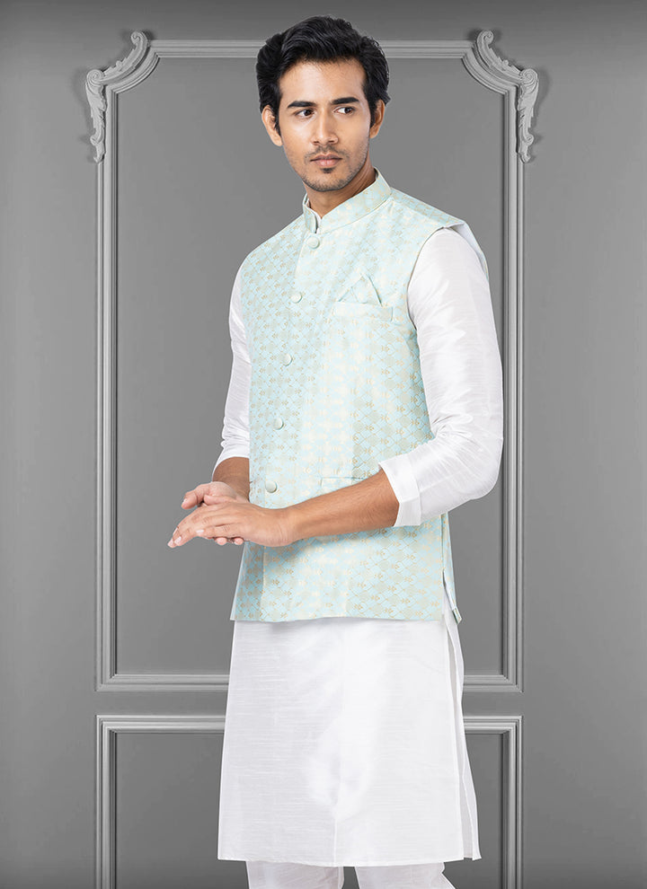 Jacquard Silk Sky Blue Festival Wear Embroidery Work Readymade Men's Waistcoat