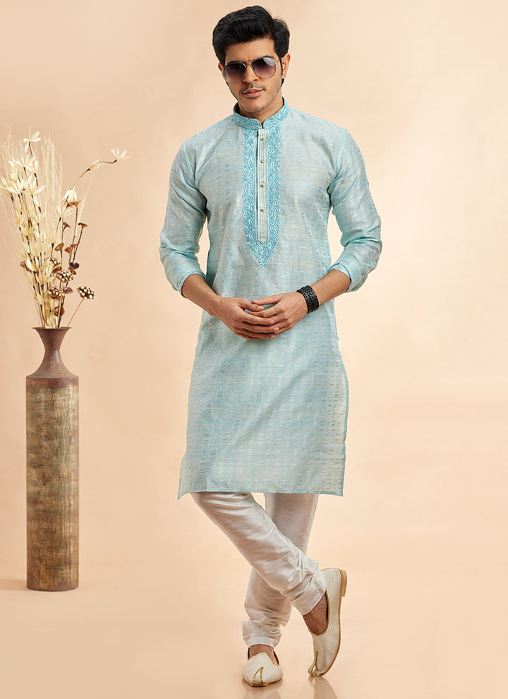Jacquard Art Silk Sky Blue Festival Wear Machine Work Readymade Kurta Pajama