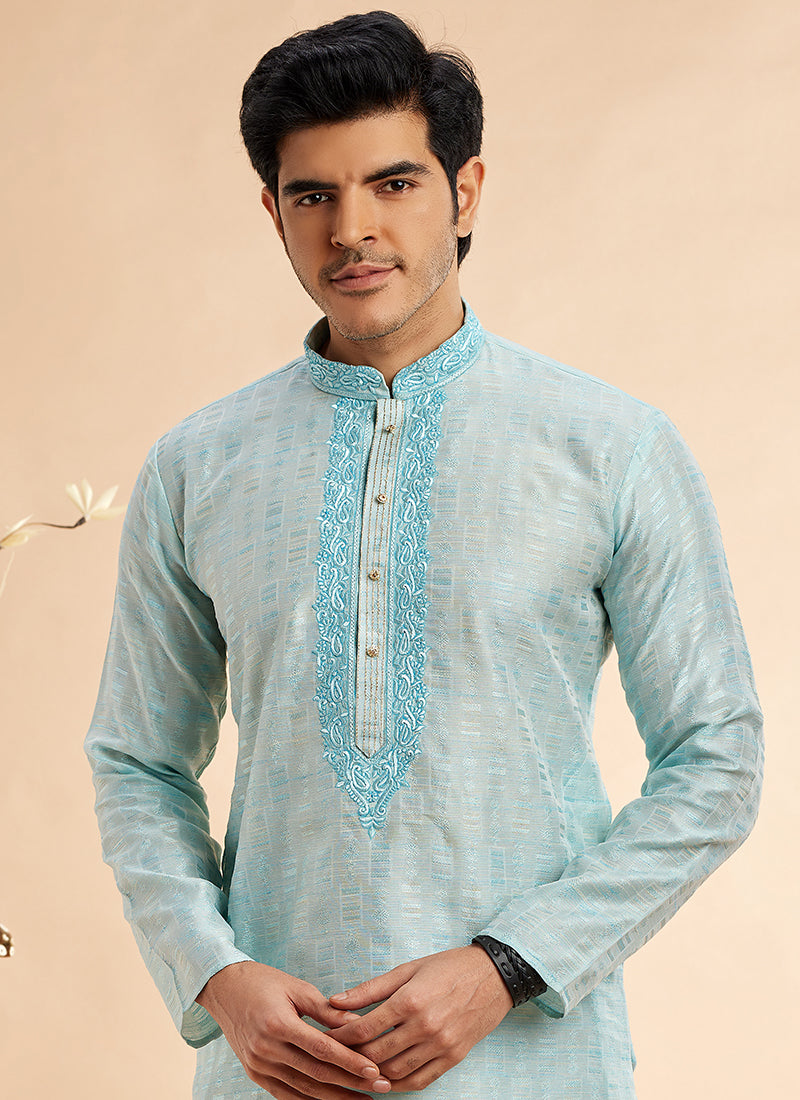 Jacquard Art Silk Sky Blue Festival Wear Machine Work Readymade Kurta Pajama