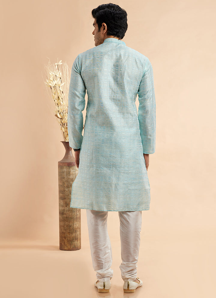 Jacquard Art Silk Sky Blue Festival Wear Machine Work Readymade Kurta Pajama