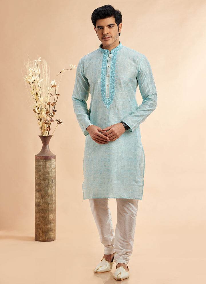 Jacquard Art Silk Sky Blue Festival Wear Machine Work Readymade Kurta Pajama