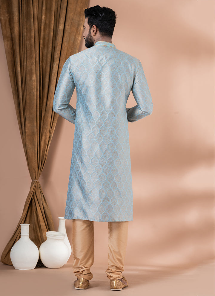 Jacquard Silk Sky Blue Festival Wear Weaving Kurta Pajama