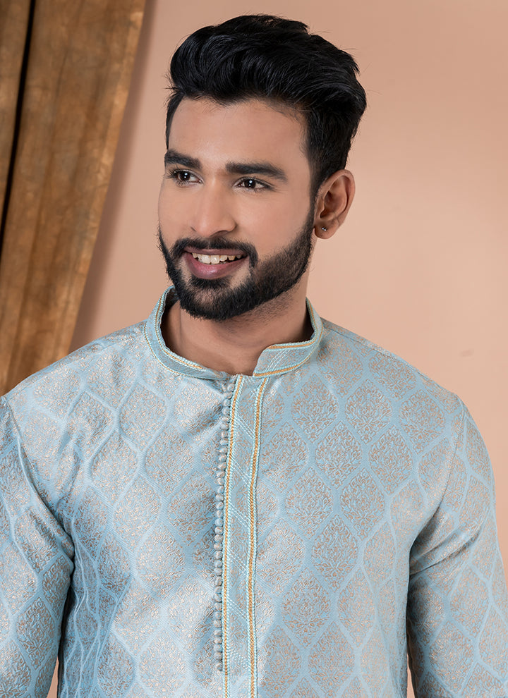 Jacquard Silk Sky Blue Festival Wear Weaving Kurta Pajama
