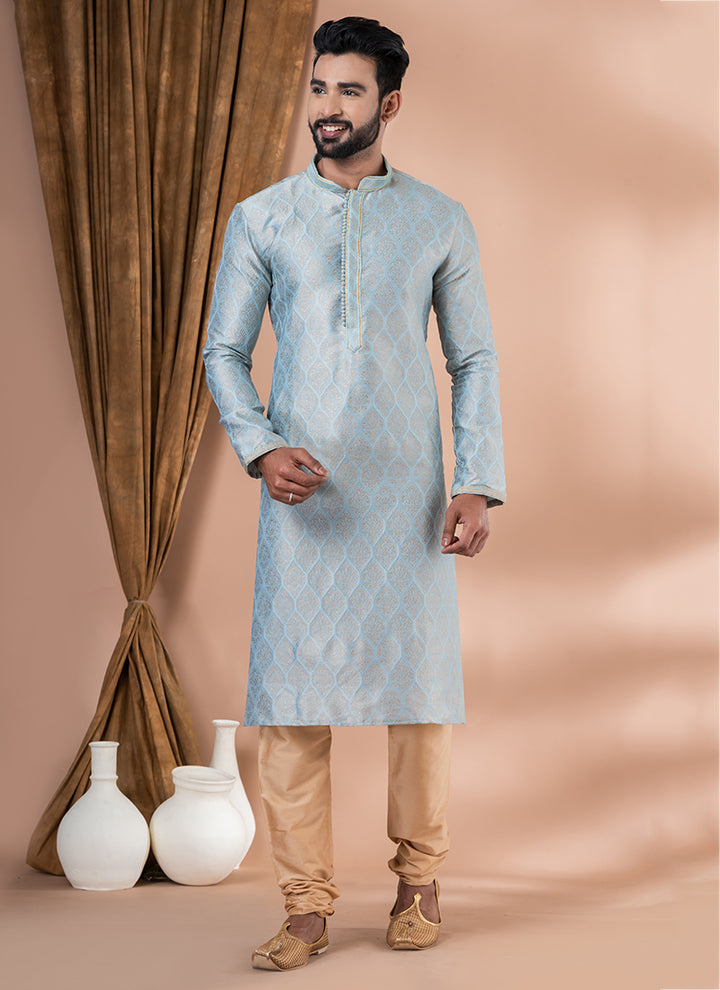 Jacquard Silk Sky Blue Festival Wear Weaving Kurta Pajama