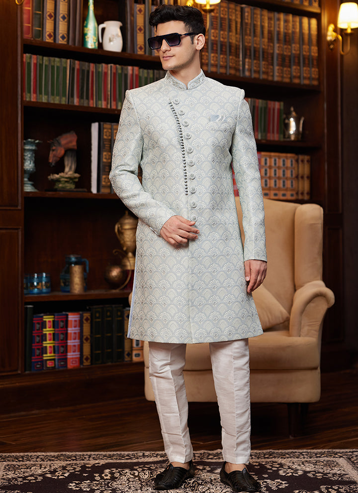 Jacquard Silk Sky Blue Wedding Wear Hand Work Readymade Sherwani