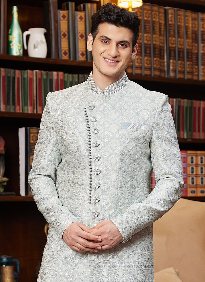 Jacquard Silk Sky Blue Wedding Wear Hand Work Readymade Sherwani