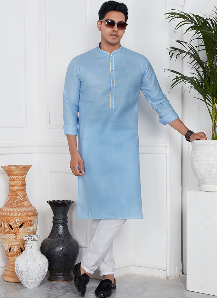 Linen Cotton Sky Blue Festival Wear Pintux Kurta Pajama