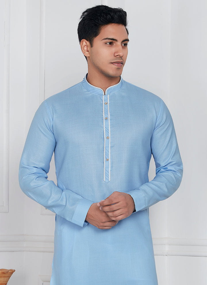 Linen Cotton Sky Blue Festival Wear Pintux Kurta Pajama