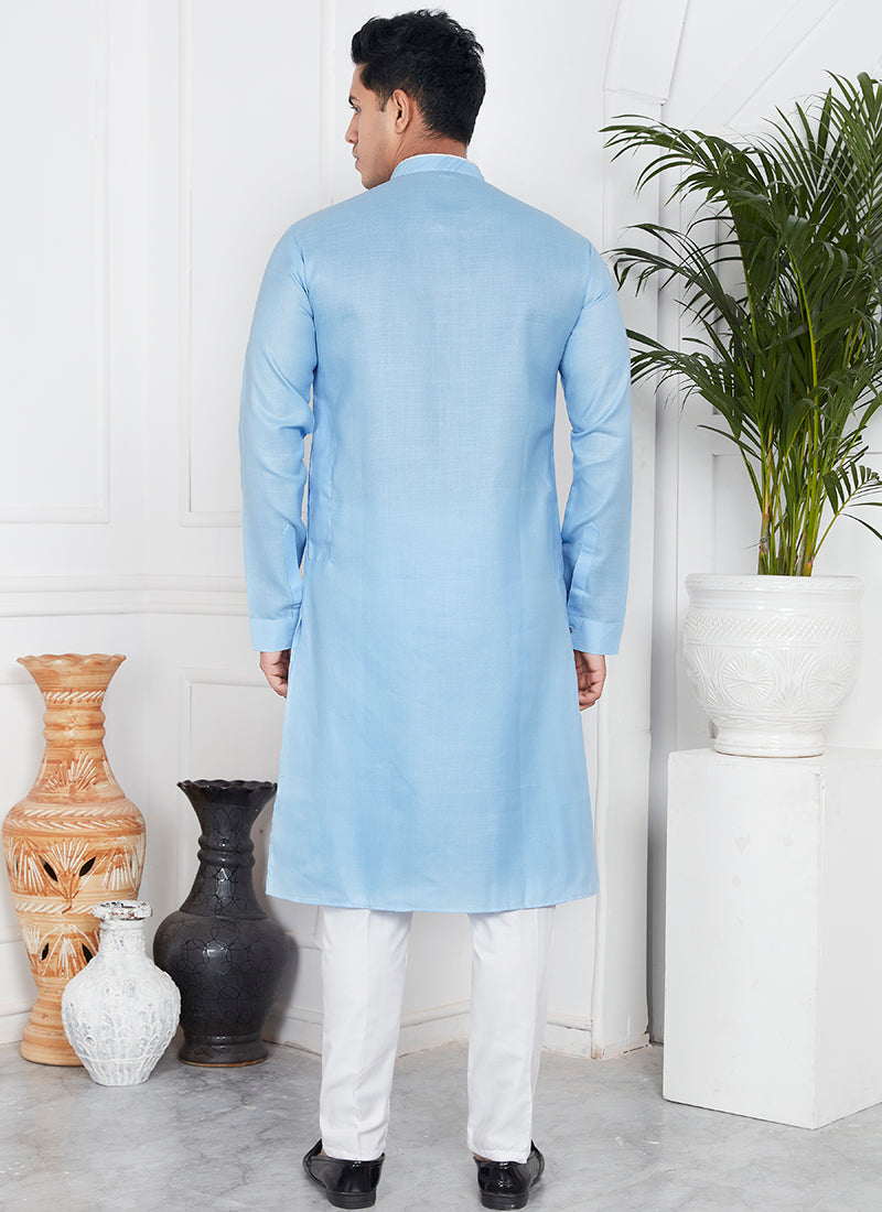 Linen Cotton Sky Blue Festival Wear Pintux Kurta Pajama
