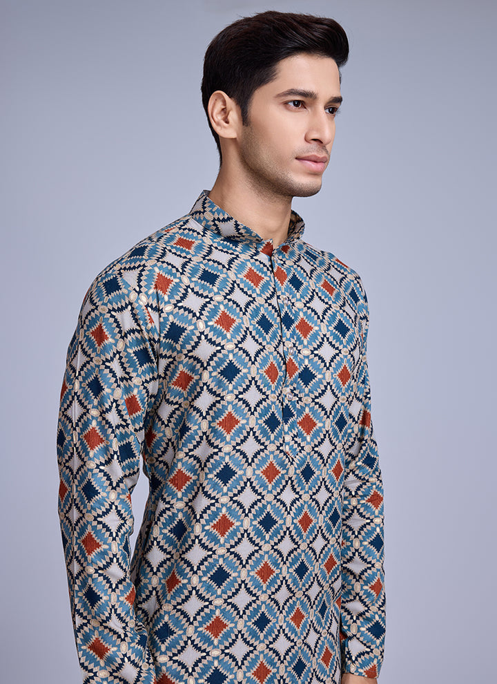 Rayon Sky Blue Casual Wear Printed Readymade Kurta
